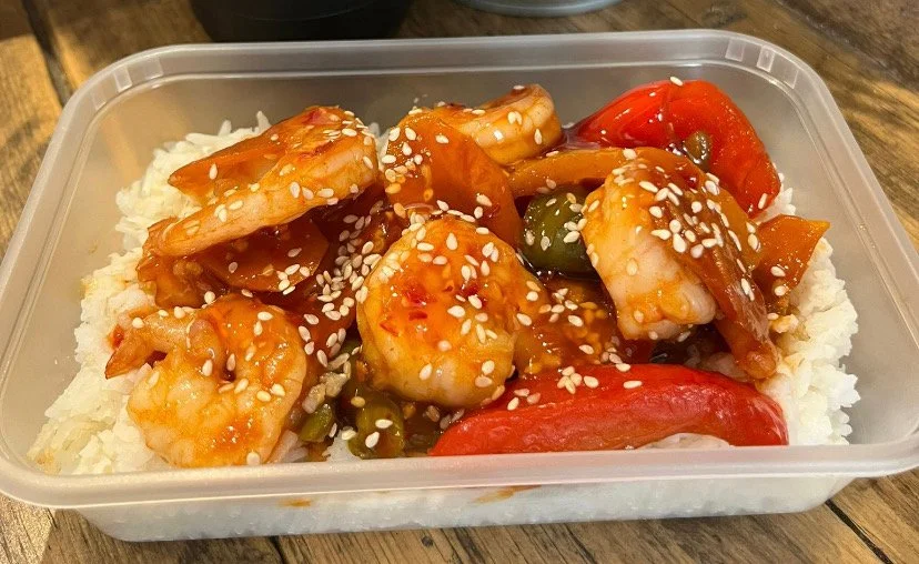 Sweet Chilli Sesame King Prawn Served With White Rice