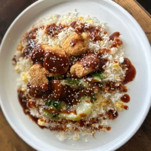 Korean BBQ Crispy Chicken served over egg fried rice with sautéed pak choi and sesame seeds, glazed in sweet and smoky Korean-style BBQ sauce.