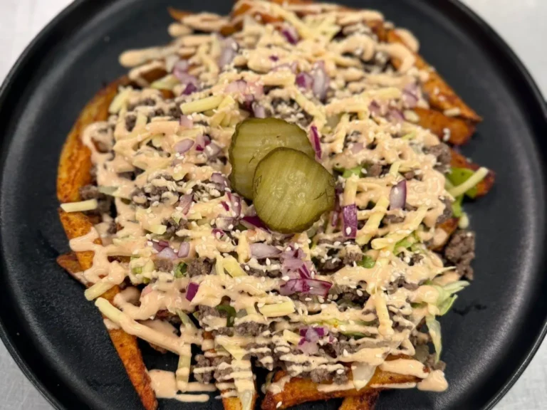 Big Mac Loaded Fries with beef mince, cheddar, lettuce, gherkins and tomato sauce