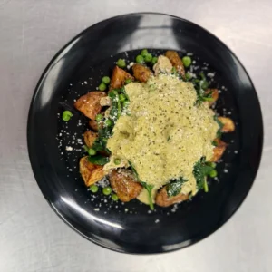 Pesto Potatoes with chicken, peas, spinach and double parmesan