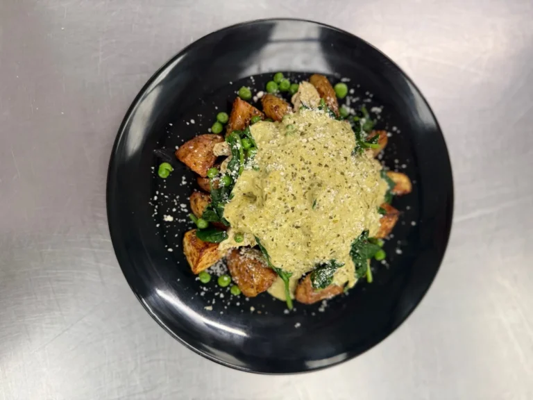 Pesto Potatoes with chicken, peas, spinach and double parmesan